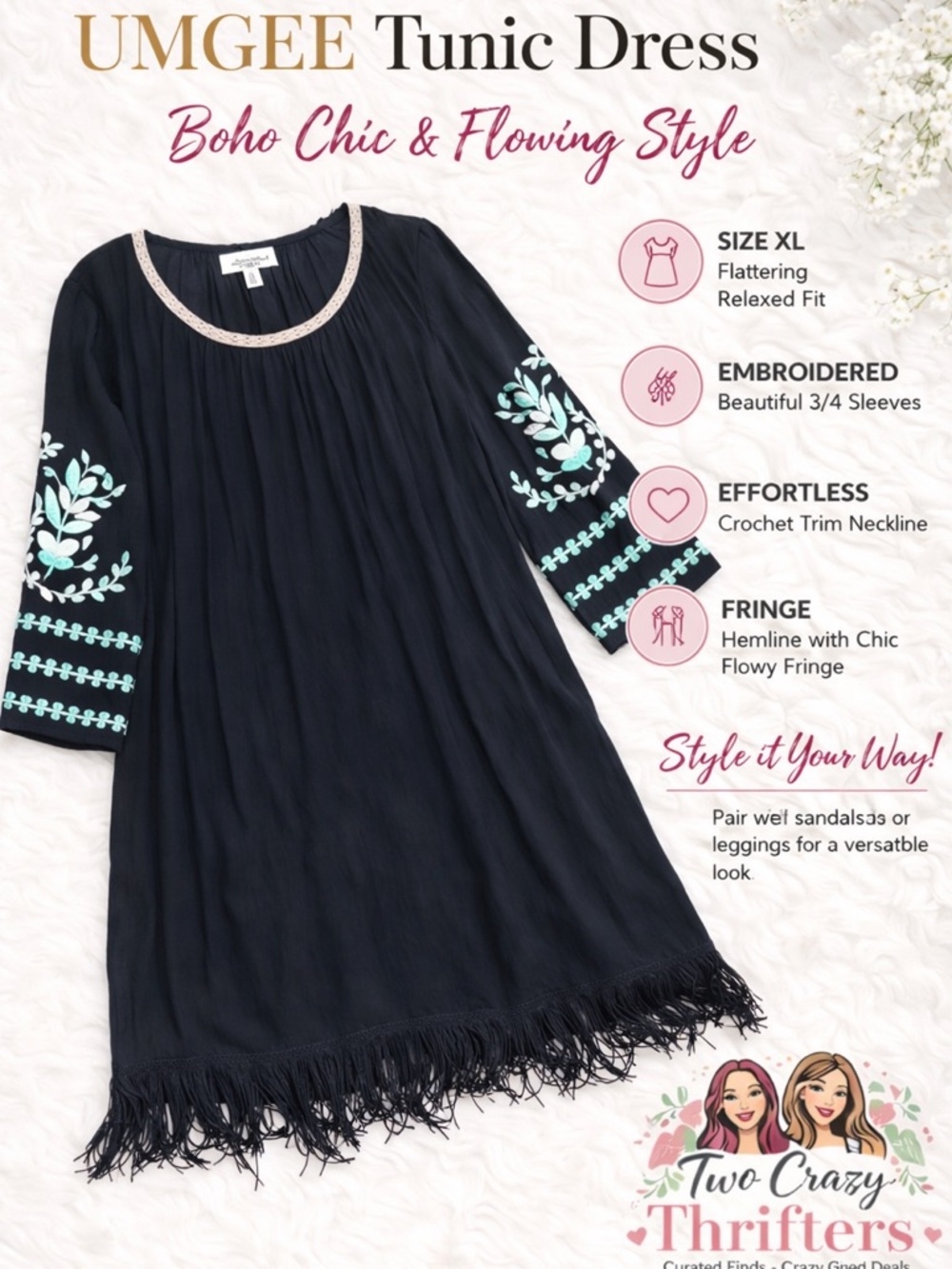 Umgee Boho Tunic Dress 1XL Black Embroidered Fringe Hem Flowy Chic